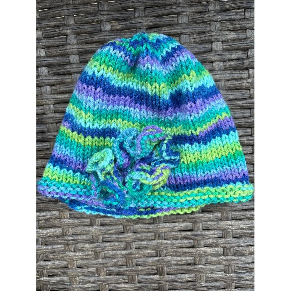 Handmade Kids Knit Beanie Blue Green Purple Striped Flower Winter Hat